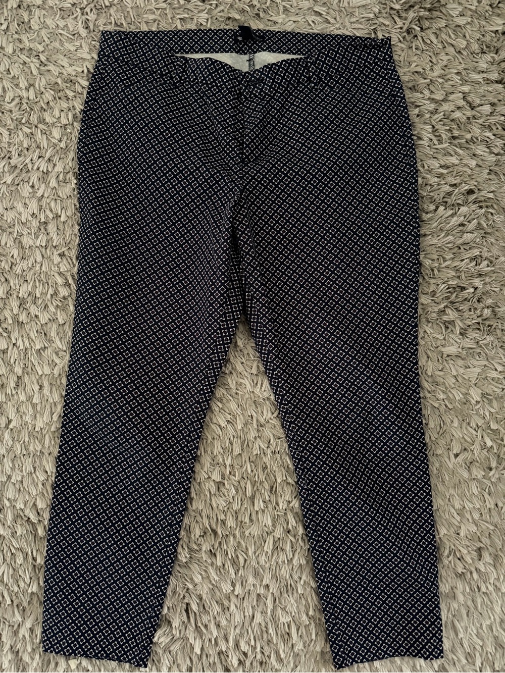 Navy Blue with Red and White Geometric Ankle Pants